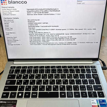マウス NTPC Core i7-1260P / 16GB / SSD 512GB / 13.3インチ / カメラ付 / BIOS確認済